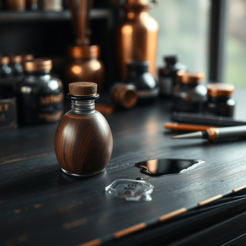 Ink bottle on a dark desk