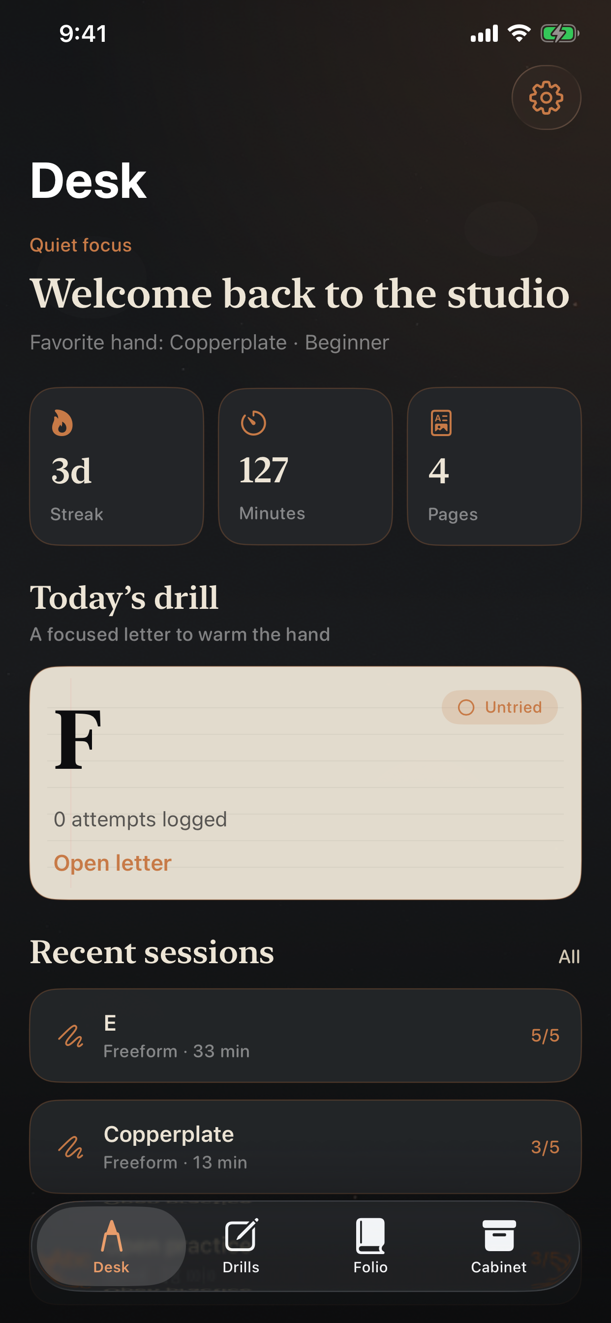 Desk tab showing streak and today’s drill